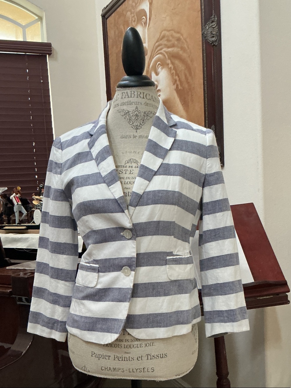 Banana Republic Navy and White Striped Linen Blazer, Lined